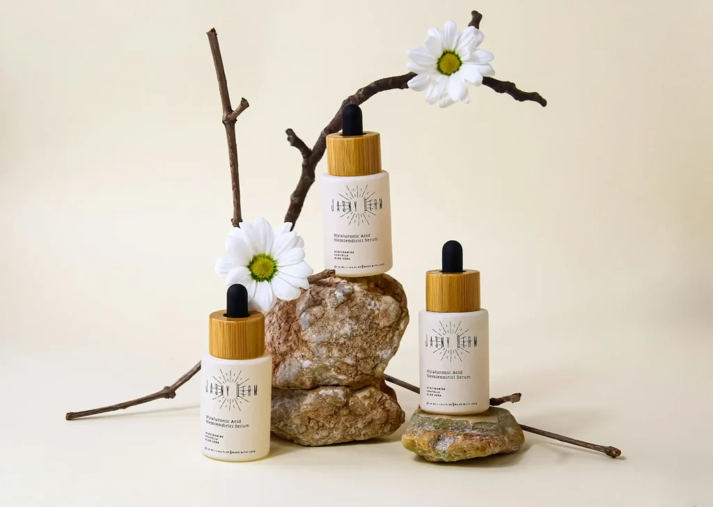 Luxury hydrating face serum bottle with water splash background