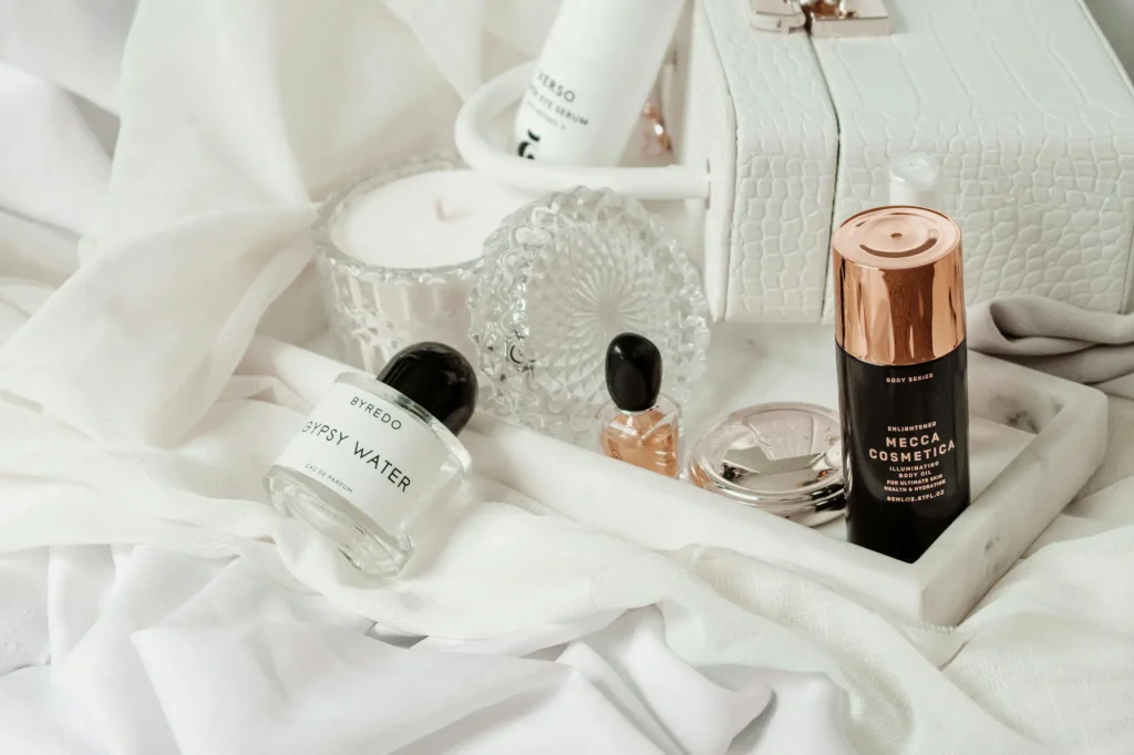 Morning skincare routine products arranged in the correct order